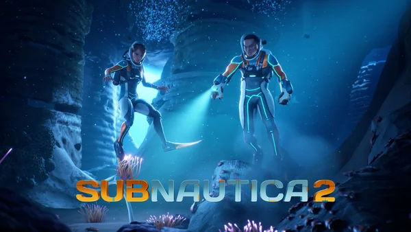 Illustration officielle de Subnautica 2 présentant deux plongeurs dans les profondeurs de l'océan.