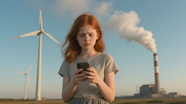 Jeune fille regardant son téléphone avec une expression dubitative, fond d'éoliennes et de fumée d'usine à l'arrière-plan, lumière tamisée