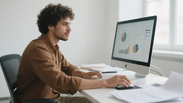 Portrait d'un économiste lisant des graphiques financiers sur un écran d'ordinateur, bureau moderne avec documents éparpillés, lumière naturelle tamisée