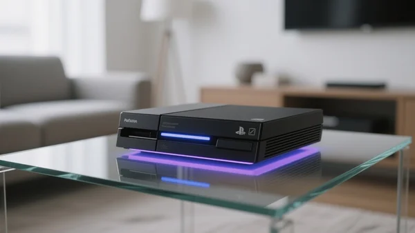 Vue rapprochée de la PlayStation 6 posée sur une table en verre, éclairée par des LED bleues et violettes, reflets sur le boîtier noir brillant, fond flou d'un salon moderne