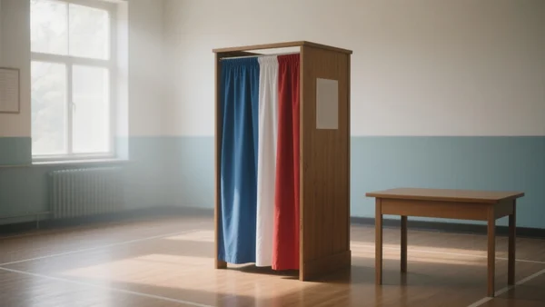 Une cabine de vote isolée dans une salle communale, avec un rideau bleu blanc rouge entrouvert, une table et un isoloir en bois, lumière tamisée du matin