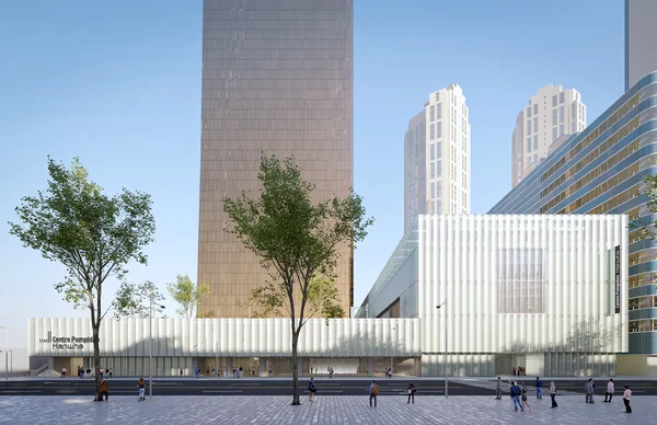 Rendu numérique du Centre Pompidou Hanwha Séoul, avec sa place piétonne.