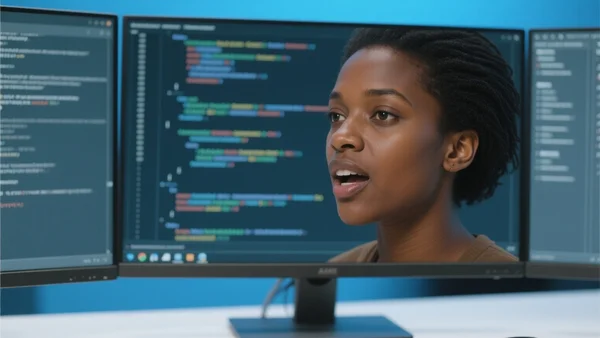 Un écran d'ordinateur affichant un visage humain généré par IA en train de parler, avec des lignes de code et des fenêtres logicielles floues en arrière-plan, éclairage bleuté