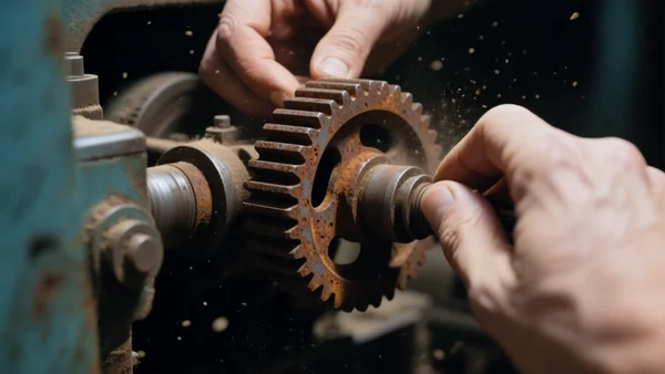 Gros plan sur des mains manipulant un engrenage rouillé dans une machine ancienne, lumière tamisée, ambiance mécanique et poussiéreuse