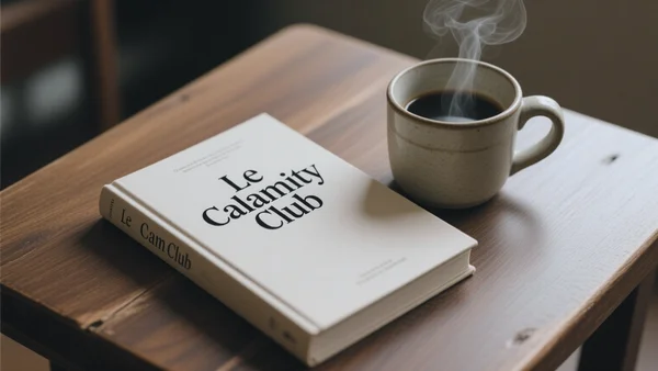Couverture du livre Le Calamity Club posé sur une table en bois, avec une tasse de café fumante à côté, lumière chaude de fin d'après-midi