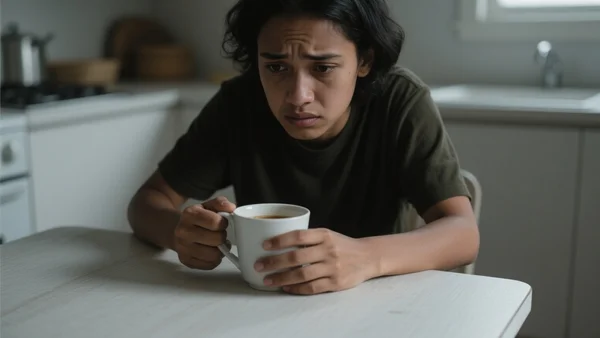 Gros plan sur des mains de jeune adulte serrant une tasse de café vide, assis à une table de cuisine modeste, lumière grise du petit matin, expression soucieuse