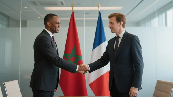 Deux diplomates en costume-cravate se serrant la main devant un drapeau marocain et français, salle de réunion moderne
