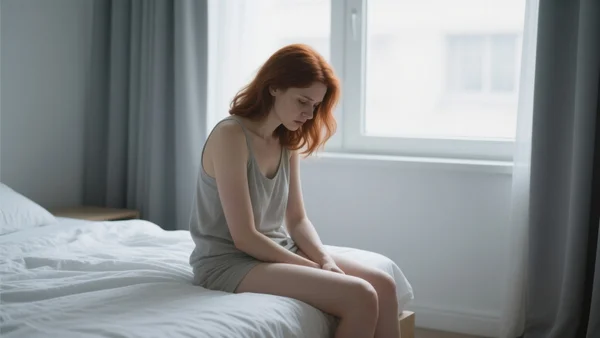 Femme assise seule sur le bord d'un lit défait, visage baissé, lumière grise filtrant par une fenêtre, atmosphère tendue et silencieuse