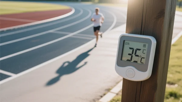 Gros plan sur un thermomètre extérieur affichant 35°C, piste de course en asphalte déformée par la chaleur en arrière-plan, ombre portée d'un coureur, lumière aveuglante de midi