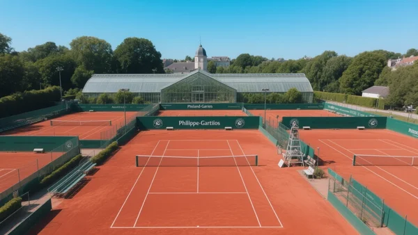 Vue aérienne du complexe de Roland-Garros avec ses courts en terre battue rouge, le court Philippe-Chatrier central et les serres d'Auteuil en arrière-plan, ciel bleu d'été