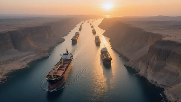 Détroit d'Ormuz vu du ciel, pétroliers naviguant dans un passage maritime étroit entre falaises arides, lumière dorée du coucher de soleil