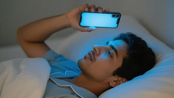 Personne allongée dans son lit au réveil, tenant un smartphone brillant au-dessus de son visage, lumière bleue de l'écran éclairant ses traits dans la pénombre de la chambre