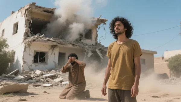 Explosion et fumée s'élevant d'une résidence endommagée dans une zone résidentielle, débris et poussière, ambiance chaotique, plan large