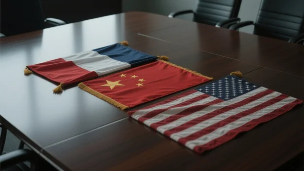 Drapeaux français, chinois et américains disposés côte à côte sur une table de conférence, ambiance sérieuse et tendue, éclairage tamisé