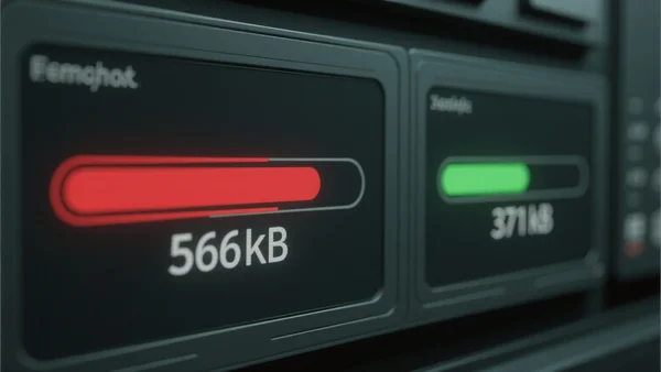 Deux blocs de code côte à côte, l'un étiqueté 566 kB avec une barre de progression rouge très longue, l'autre étiqueté 371 kB avec une barre verte plus courte, fond sombre technique