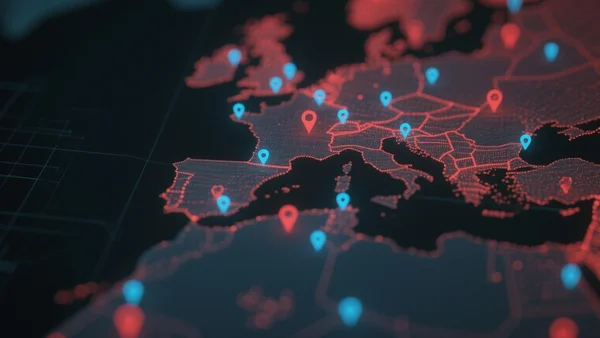 Carte thermique numérique avec points lumineux rouges et bleus superposés sur un fond sombre, évoquant le pistage de localisation, vue plongeante