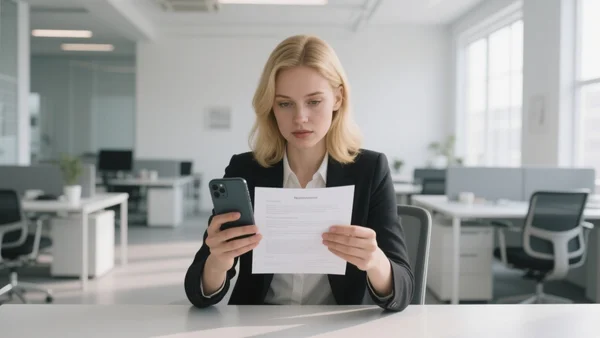 Jeune femme alternante vérifiant un contrat de travail sur son téléphone, assise dans un open space moderne