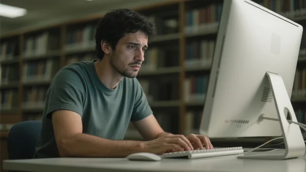Bénévole assis devant un ordinateur dans une bibliothèque, mains sur le clavier, expression concentrée et fatiguée, lumière tamisée