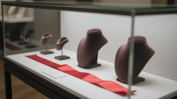 Gros plan sur la vitrine vide du musée du Louvre, avec les supports de bijoux vides et un ruban de sécurité rouge, éclairage tamisé