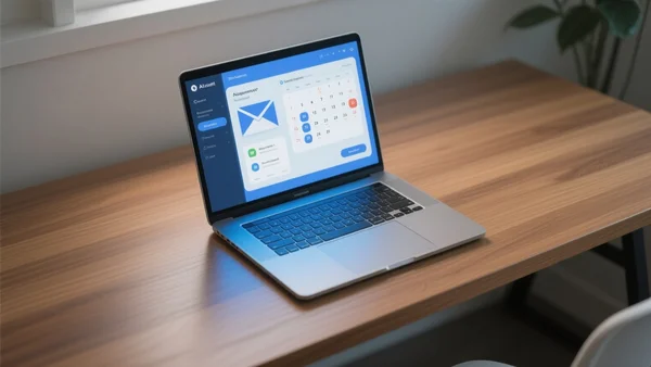 Écran d'ordinateur portable avec une interface d'assistant IA affichant des fenêtres d'email et de calendrier, lumière bleutée, vue plongeante sur un bureau moderne