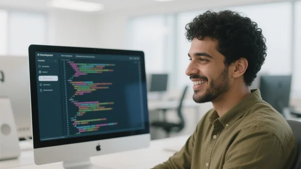 Un développeur souriant regarde un écran d'ordinateur affichant une interface de développement IA avec du code coloré, dans un bureau moderne et lumineux.