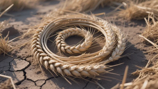 Gros plan sur des épis de blé couchés au sol en spirale, tiges pliées mais non cassées, formant un motif concentrique, texture de la paille et de la terre, lumière naturelle de fin d'après-midi