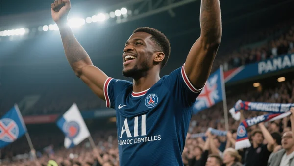 Ousmane Dembélé célébrant un but sous le maillot du PSG au Parc des Princes, bras levés, foule en délire en arrière-plan, lumière des projecteurs