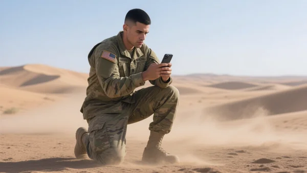 Soldat américain en tenue de combat regardant son smartphone dans une zone désertique, lumière du jour tamisée par la poussière, regard concentré