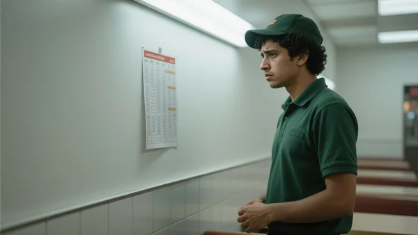 Jeune employé de fast-food en uniforme regardant son planning affiché au mur, expression préoccupée, lumière froide d'éclairage de restaurant