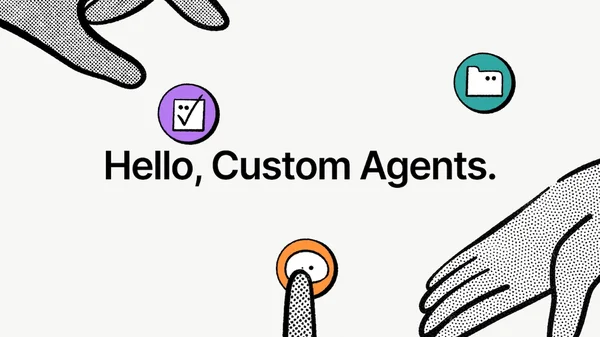 Illustration pop-art annonçant les agents IA personnalisables de Notion avec le texte « Hello, Custom Agents. »