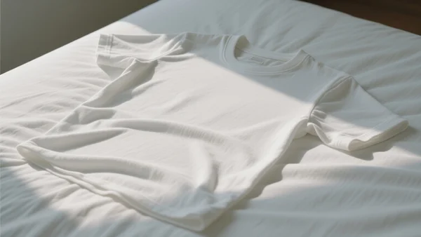 T-shirt blanc basique en coton épais posé à plat sur un lit blanc, lumière naturelle du matin, plis doux, texture visible du tissu
