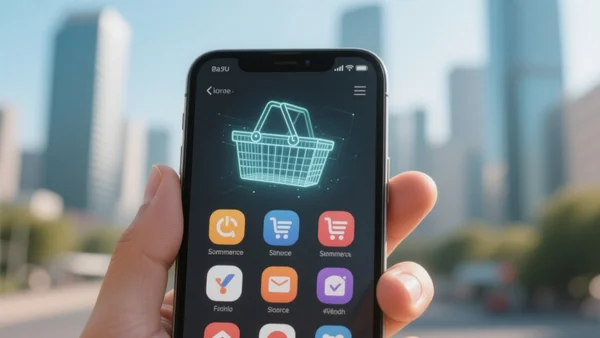 Smartphone affichant un panier d'achat virtuel flottant au-dessus d'icônes de sites e-commerce, fond flou de ville moderne