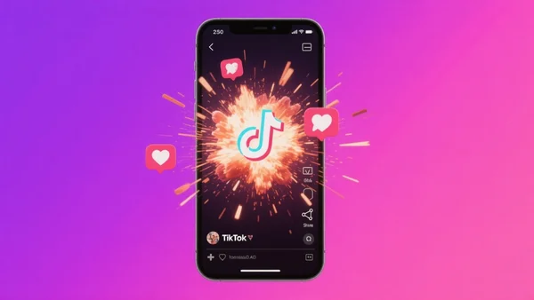 Écran de smartphone affichant une vidéo TikTok avec des icônes de likes et de partages qui explosent, fond lumineux violet et rose