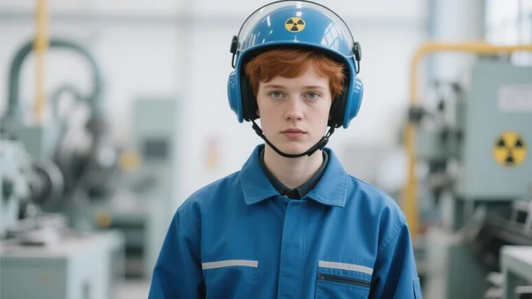Portrait d'un jeune employé en tenue de travail dans un atelier de maintenance nucléaire, casque de protection et combinaison bleue, machines industrielles en arrière-plan flou