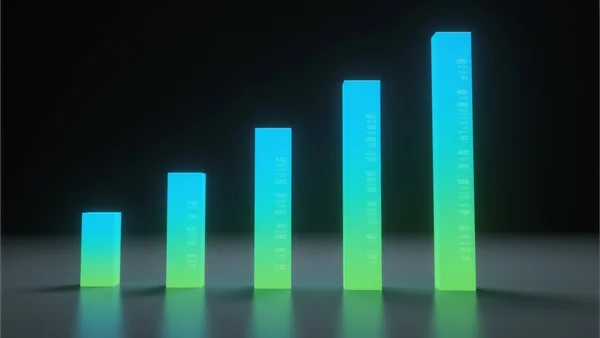 Graphique en barres montrant une croissance exponentielle des vues, chiffres en millions, design épuré sur fond sombre avec accents bleus et verts