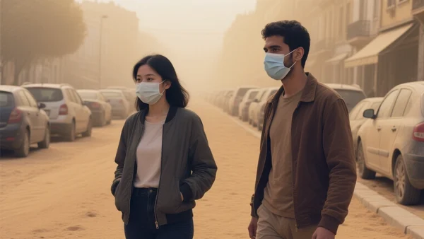 Rue d'une ville française sous un ciel jaune brumeux, voitures garées le long du trottoir recouvertes d'une fine pellicule de sable ocre, piétons marchant avec des masques, lumière tamisée et atmosphère poussiéreuse