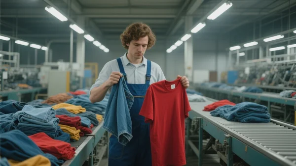 Ouvrier triant des vêtements sur un tapis roulant dans un centre de tri, tas de jeans et t-shirts colorés autour, éclairage industriel fluorescent