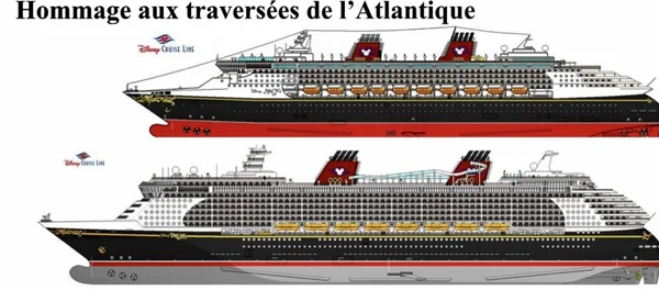 Illustration comparative des navires Disney Magic et Disney Dream, rendant hommage aux traversées de l'Atlantique.
