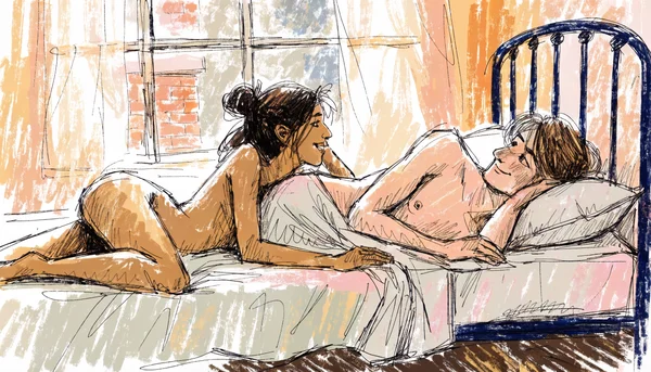 Jeune couple allongé sur un lit en pleine conversation, regards complices, lumière douce du soir filtrant par une fenêtre