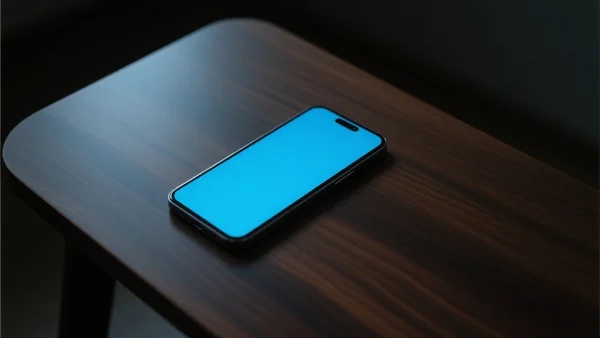 Gros plan sur un téléphone portable posé sur une table en bois sombre dans une pièce faiblement éclairée, l'écran s'allume dans la pénombre, créant une atmosphère tendue et angoissante