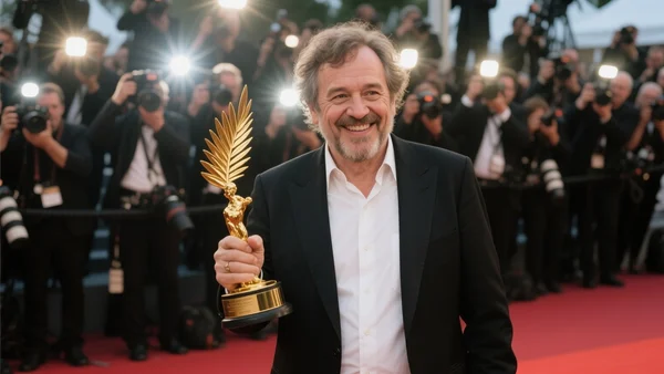 Peter Jackson souriant sur le tapis rouge du Festival de Cannes, vêtu d'un costume noir, une Palme d'or à la main, flashs des photographes en arrière-plan