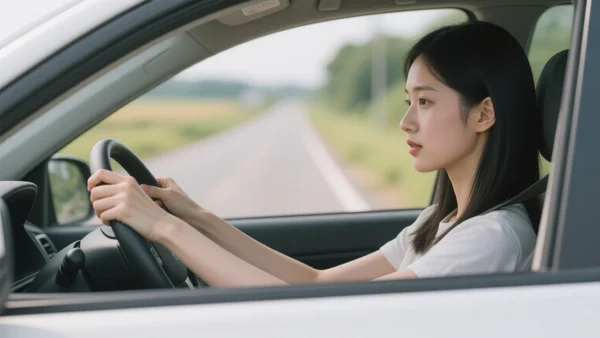 Jeune conductrice au volant d'une voiture d'auto-école, mains sur le volant, regard concentré, paysage de route de campagne flou derrière elle