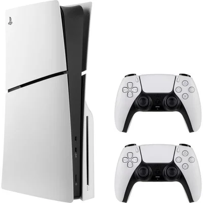 Console PS5 Slim Disc Edition et deux manettes DualSense, sur fond blanc.