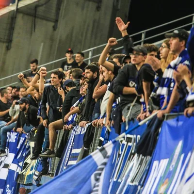 Supporters du SC Bastia célébrant dans les tribunes lors d'un match.
