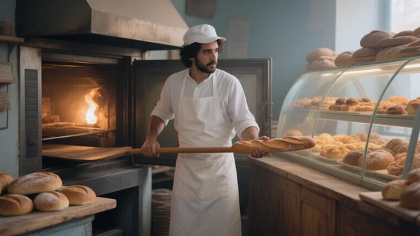 Photographie d'une boulangerie artisanale tôt le matin, un boulanger en tenue blanche enfourne des baguettes, lumière chaude du four, comptoir en bois et vitrine éclairée