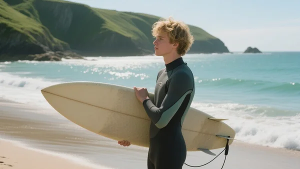 Jeune homme aux cheveux blonds ébouriffés portant une planche de surf sur une plage de Cornouailles, falaises verdoyantes et mer turquoise en arrière-plan, fin d'après-midi ensoleillé