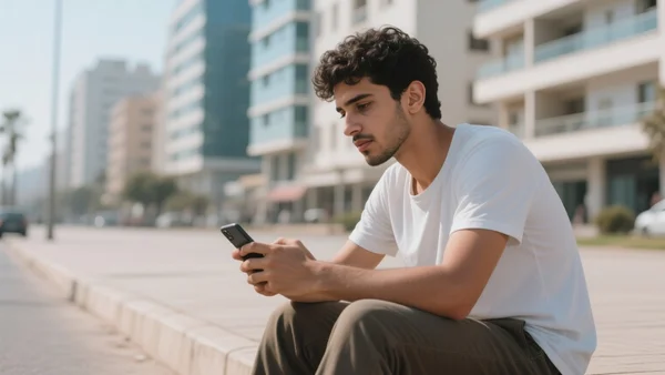 Jeune Marocain assis sur un trottoir à Casablanca, regard perdu, portable à la main, bâtiments modernes flous en arrière-plan