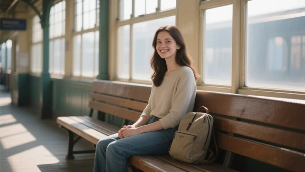 Jeune femme souriante assise sur un banc dans une gare, un petit sac à dos posé à côté d'elle, lumière naturelle du matin