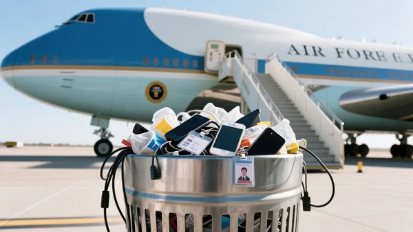 Poubelle métallique au pied de l'escalier d'Air Force One sur un tarmac d'aéroport, remplie de téléphones jetables, badges et câbles, lumière du jour froide, angle en contre-plongée