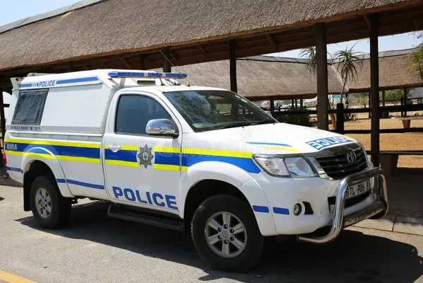 Un véhicule de la police sud-africaine (SAPS) en stationnement à l'aéroport international Kruger Mpumalanga.